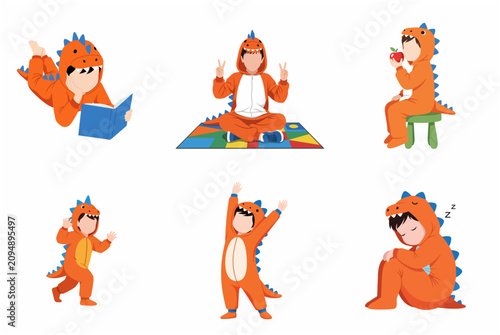 Cute Boy in Orange Dinosaur Costume Set of Daily Activities and Poses