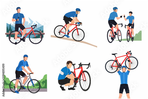 Cyclists Vector Illustration Set with Various Poses and Outdoor Cycling Activities