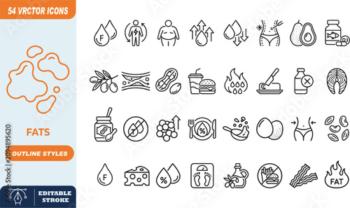 Set of 54 fats and nutrition vector line icons for health labels with nutrition