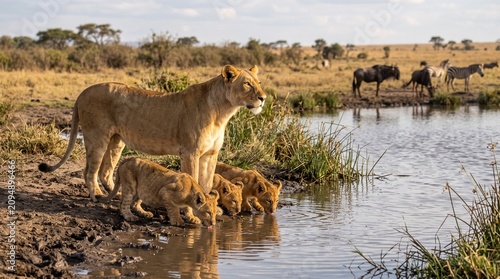 Принти на полотні Lioness and cubs drinking at watering hole