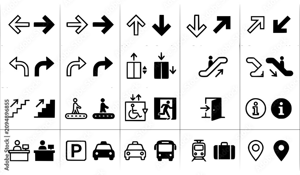 Fototapeta premium Modern Wayfinding Navigation Icons with Escalator Elevator and Direction Vector Collection