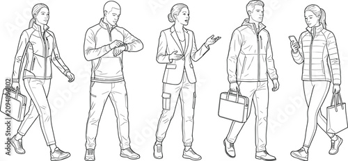 Vector line art of young professionals and business people walking for architectural rendering and design scales.