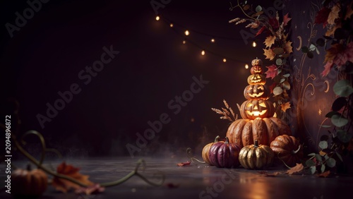 Festive Autumn Harvest Display featuring Carved Pumpkins, Elegant Gourds, and Twinkling Lights