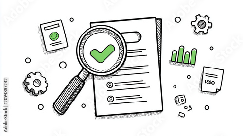 Professional Certification Illustration with Document and Magnifying Glass