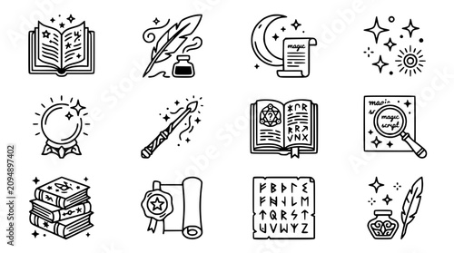 Quadro su tela Fantasy Magic Icons: Spellbook, Wand, Crystal Ball, Quill, Scroll, Stars