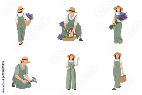 Minimalist flat vector illustration set of a female farmer harvesting and arranging lavender flowers in a rustic green jumpsuit and straw hat.