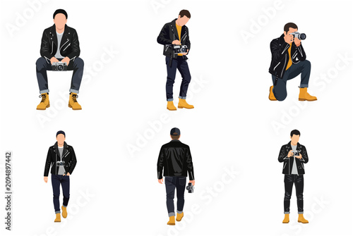 Set of Male Photographer Characters in Stylish Leather Jackets Posing with Cameras