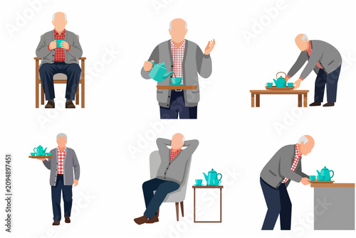 Set of flat vector illustrations of a faceless elderly man enjoying tea time in various poses, including pouring, serving, and relaxing at home.