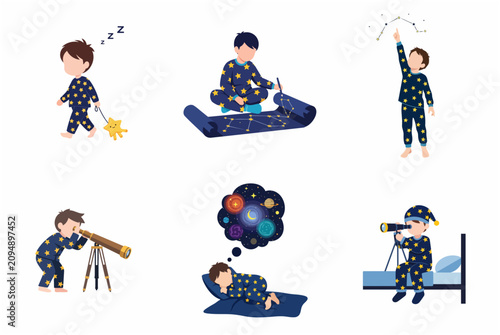 Vector illustration set of a young boy in star pajamas exploring astronomy, stargazing with a telescope, drawing constellations, and dreaming about the universe