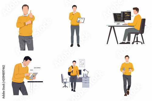 Set of professional man illustrations working in office, coding, analyzing data reports, and managing tasks in flat design style.