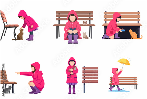 Vector flat illustration set of a young girl in a pink raincoat feeding and caring for stray cats in a park during rainy weather