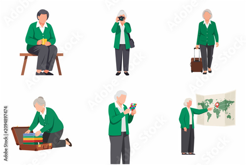 Set of active senior woman character in various travel situations, retired woman packing suitcase, taking photos and looking at map, flat vector illustration