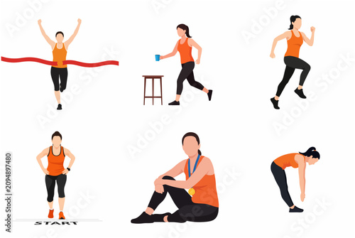 Set of flat vector illustrations of a female marathon runner in different poses from start to finish line, including stretching, sprinting, and celebrating with a medal.