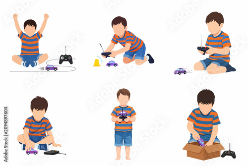 Set of vector illustrations of a little boy playing with a remote control car. Happy child enjoying his hobby with a toy vehicle and radio transmitter in various poses isolated on white.