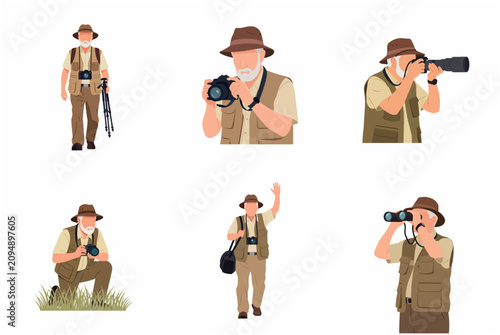 Senior male photographer and birdwatcher character set in flat vector style for wildlife and nature adventure illustrations
