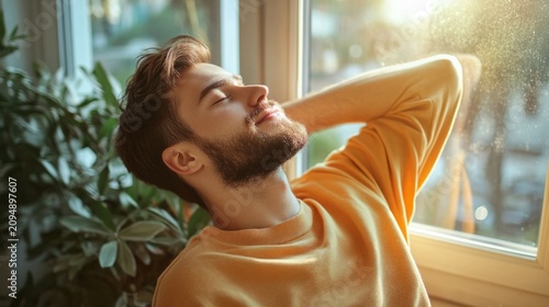 Young person stretching by an open window after a stressful workday; wellness-oriented lifestyle. generative ai