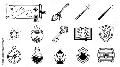 Bilde på lerret Fantasy Magic Items Collection: Scroll, Broom, Wands, Potions, Chest, Compass, S