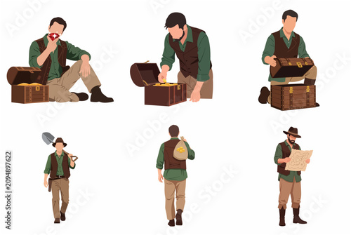 Adventurous Treasure Hunter Character Set with Gold Coins Map and Ruby in Flat Vector Style