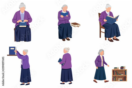 Set of Elderly Woman Reading and Handling Books, Senior Lady with Literature Flat Vector Illustration