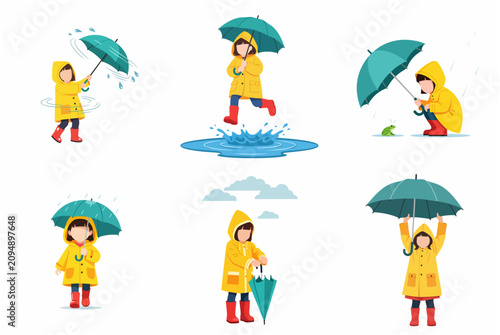 Set of illustrations of a cute little girl in a yellow raincoat and red boots playing in the rain with a green umbrella, jumping in puddles, and enjoying wet weather