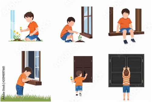 Little Boy Exploring and Playing Near Windows Flat Vector Illustration Set