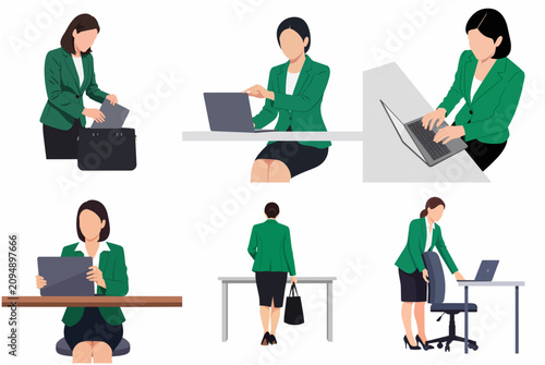 Set of Professional Businesswoman Illustrations in Green Blazer Working with Laptop in Office