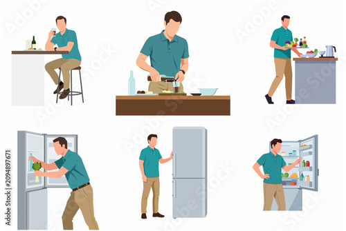 Flat Illustration Set of a Man Doing Kitchen Activities, Cooking, and Using a Refrigerator