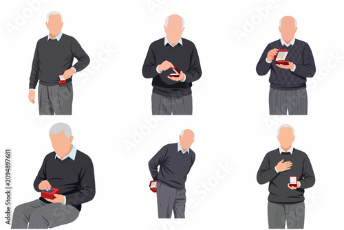 Set of senior man illustrations in different poses holding and presenting an engagement ring box for a marriage proposal