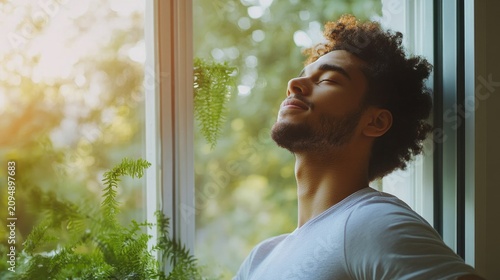 Young person stretching by an open window after a stressful workday; wellness-oriented lifestyle. generative ai