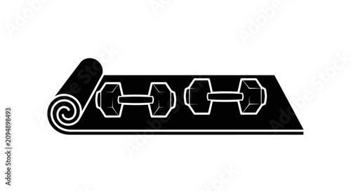Black yoga mat with white dumbbells on top with set against plain white background three white equipment exercise training fitness workout with graphic