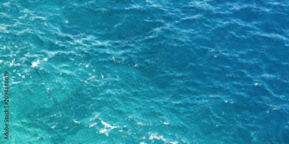 Fototapeta premium Blue halftone sea water texture with realistic ripple waves and sunlight reflections. Abstract ocean surface in retro comic dot style. Marine background. Vector illustration