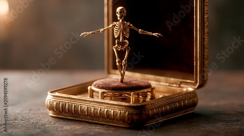 Antique Music Box with Skeleton Ballerina by Candlelight