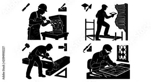 Fotografie Craftsman Silhouette Set: Stone Mason, Sculptor, Architect, Woodworker, Artisana