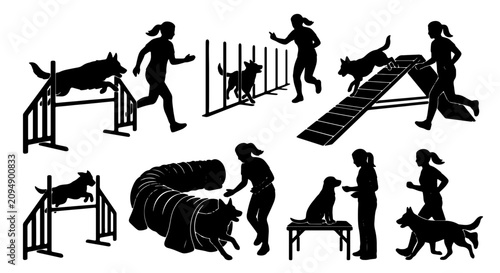 Obraz na płótnie Dog Agility Training Silhouettes, Canine Obstacle Course Vector Set, Pet Sport C