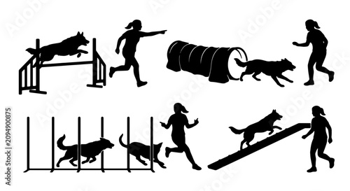 Tableau sur toile Dog Agility Training Silhouettes, Canine Obstacle Course Vector Set, Pet Sports