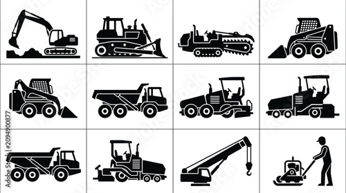 Foto Heavy construction machinery and equipment icon set featuring black silhouettes