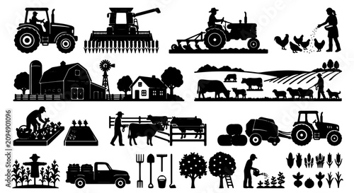 Fotografie Farm Icons Set, Agricultural Vector Silhouettes: Tractors, Barns, Livestock, Cro