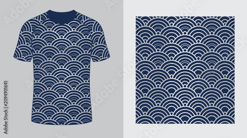 Blue Seigaiha wave pattern on crew neck t-shirt mockup.