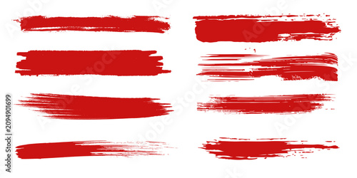 Straight red ink vector lines pack. Bloody color long and round hand-drawn brushstroke text highlights frames circles. Asian calligraphy brushstroke set.