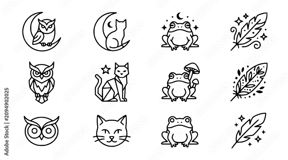 Fototapeta premium Mystical Creatures Icon Set: Owl, Cat, Frog, Feather - Line Art Collection