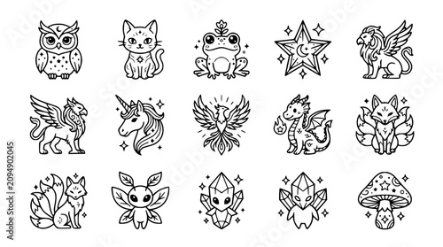 Quadro su tela Cute Fantasy Creatures Collection: Owl, Cat, Frog, Unicorn, Dragon, Phoenix, Kit