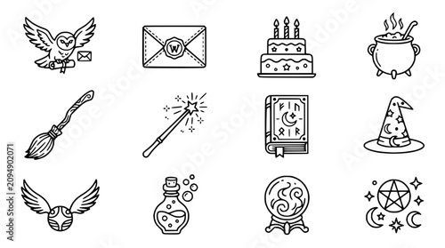 Foto Magical Fantasy Icons Set: Owl, Broom, Potion, Hat, Book, Wand, Crystal Ball, Ca