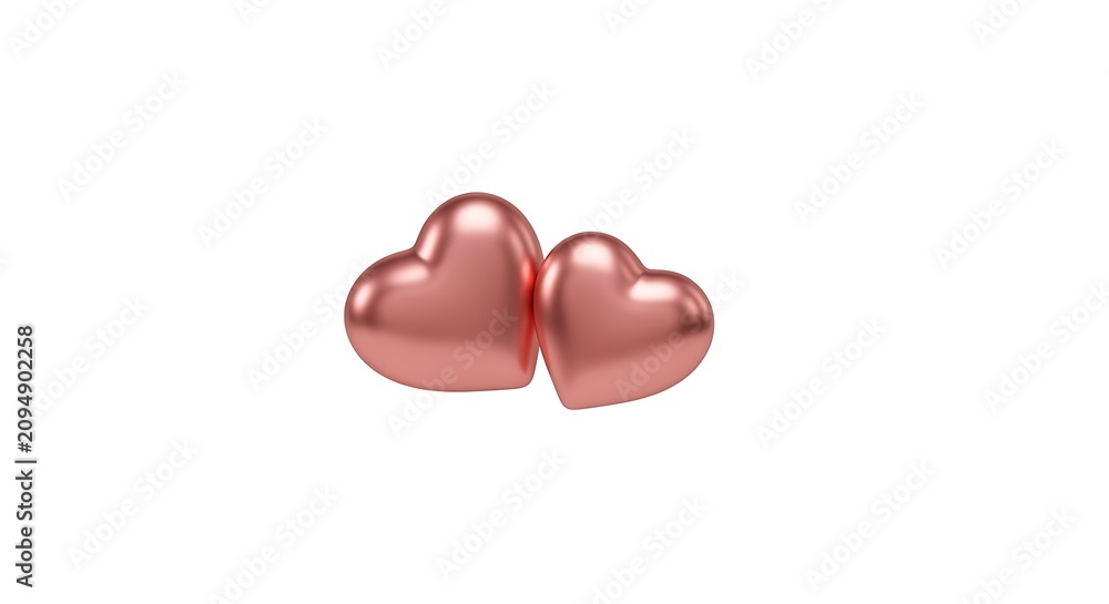 Fototapeta premium Two pink metallic heart shapes isolated on white background with metallic valentines affection decoration celebration isolated background minimalist reflecting romantic elements