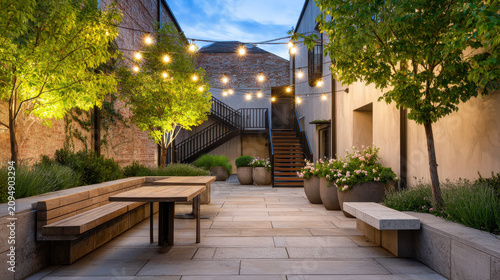 Romantic Twilight Courtyard with Hanging Fairy Lights