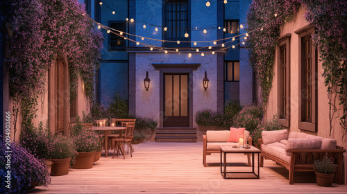 Inner Courtyard Ambiance with Soft Fairy Lights at Twilight