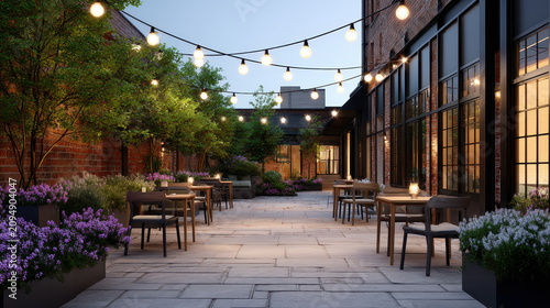 Cozy Outdoor Seating Under Fairy Lights at Twilight