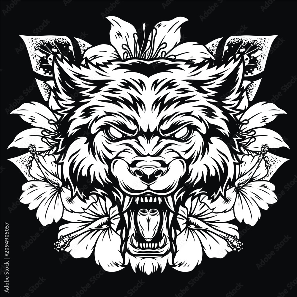 Fototapeta premium Wolf head with flowers design