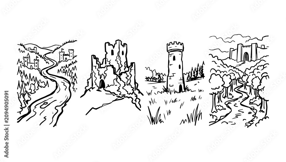 Fototapeta premium Castle ruins and landscape towers in rough doodle line scenery