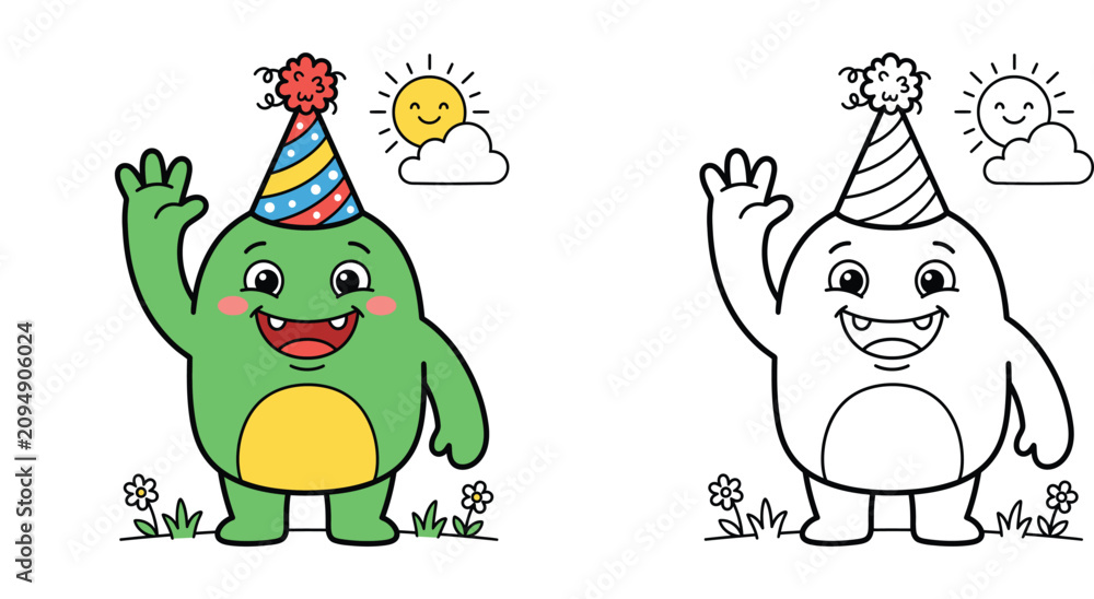 Fototapeta premium Cute cartoon monster wearing party hat coloring page with colored sample, friendly green creature waving hands in outdoor scene outline vector template for kids