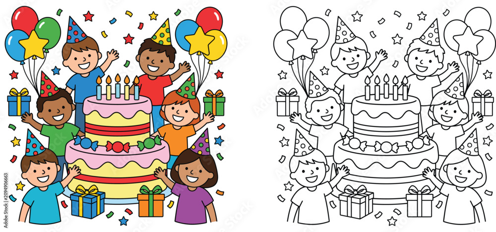 Fototapeta premium Kids birthday party cartoon illustration and coloring page set, happy children with big cake, balloons, gifts and party hats, outline vector template for coloring book.
